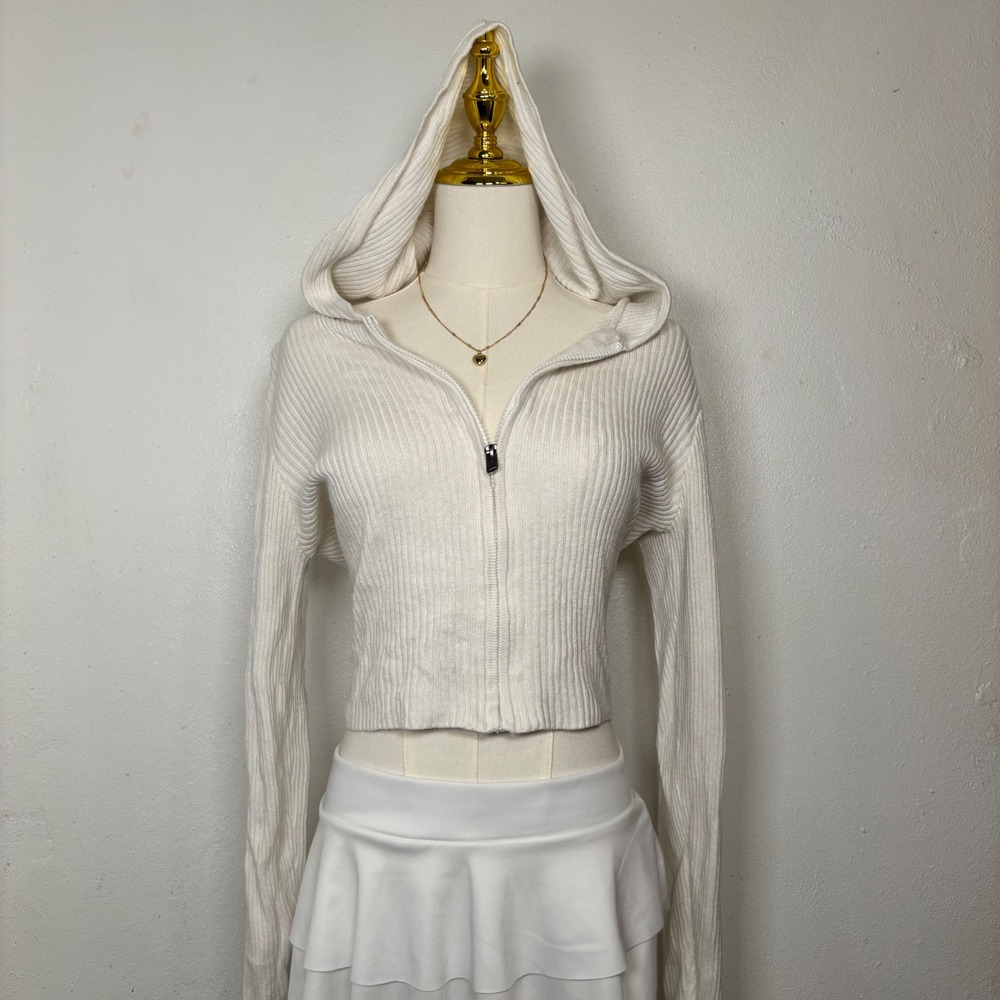 hollister california white knit hoodie zip up cropped sweater y2k